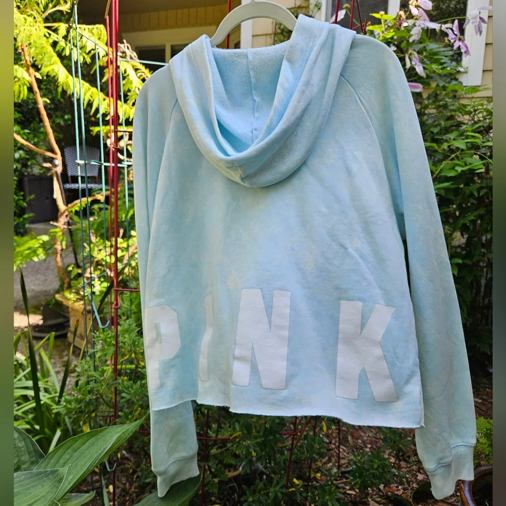 PINK Victoria's Secret Graphic Hoodie Sweatshirt LS Cropped Laced Blue Small EUC - Picture 9 of 12